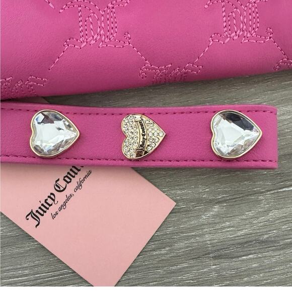 Juicy Couture Pink Heart-Quilted Bedazzled Heart Strap Wallet Zip Closure - Picture 4 of 8
